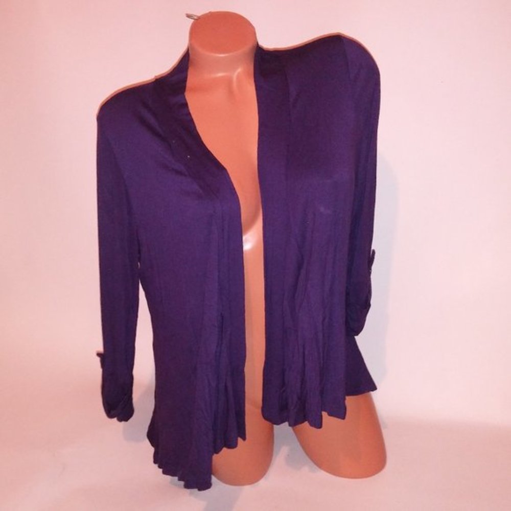 Storm‎ Cardigan Blouse Large Purple Solid Open Front 3/4 Sleeve Pit to Pit 22.5"